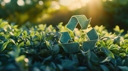 Recycling symbol placed among vibrant green leaves in nature during golden hour