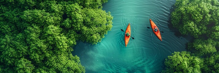 Two kayakers paddle through a vibrant green forest and a clear turquoise river. AI generative. .