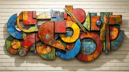 Fototapeta premium Abstract Wooden Wall Sculpture with Multicolored Geometric Shapes