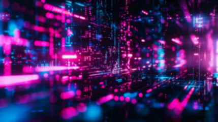 Obraz premium This dynamic display captures the essence of abstract digital data in vibrant neon colors, creating an immersive and energetic atmosphere reminiscent of a futuristic world, blurred image, copy space