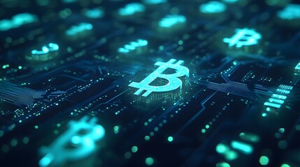 An abstract circuit board pattern with glowing currency symbols and a blue and green color scheme