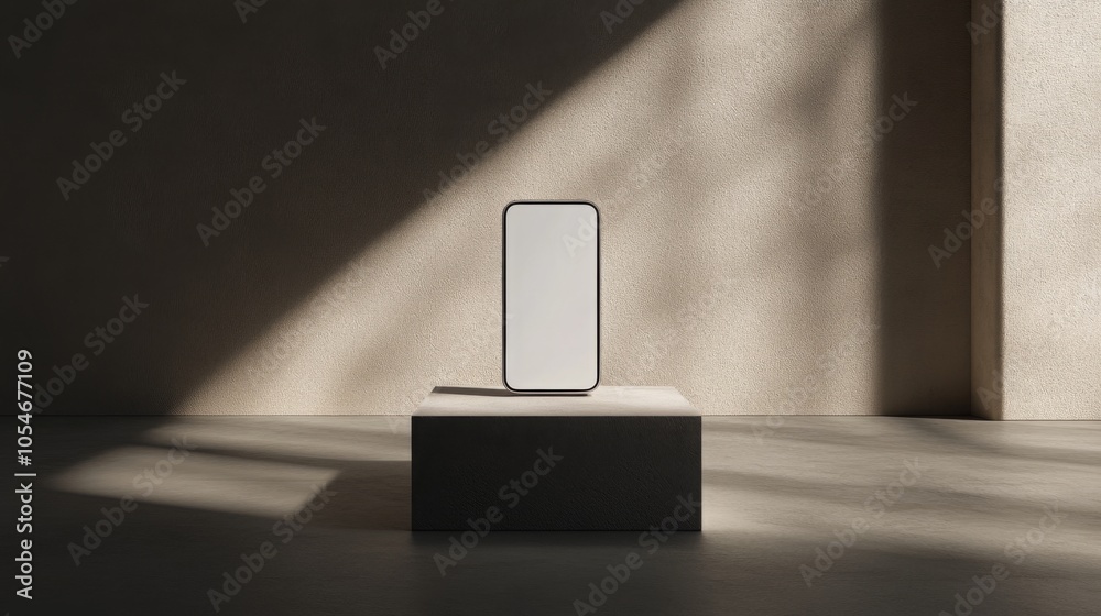 Poster a sleek smartphone sits upright on a minimalist pedestal in a contemporary space. sunlight casts dra