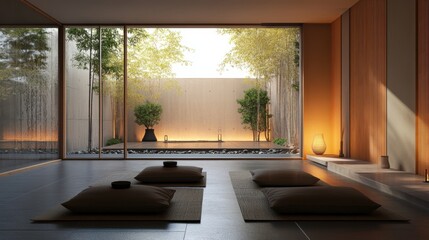 Fototapeta premium A peaceful Zen-inspired living room with natural materials, soft lighting,