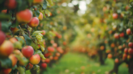 Rows of apple trees display a bountiful harvest, with bright red apples hanging among blurred green leaves, indicating a warm day in the orchard during autumn, blurred image, copy space