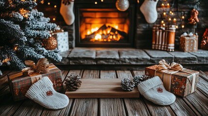 Rustic Christmas Fireplace with Gifts and Pinecones