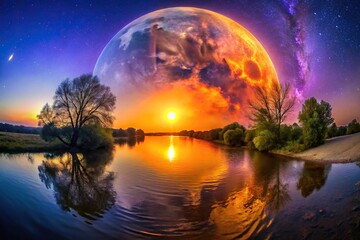 Obraz premium Scenic night view with bright orange sun and purple moon reflecting on river surrounded by trees