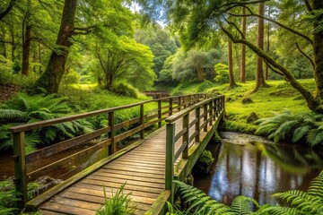 Scenic path with a bridge crossing river surrounded by trees, grass and fern silhouette