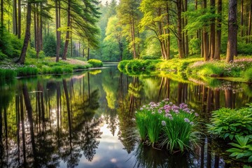 Fototapeta premium Scenic pond reflection with mysterious plants