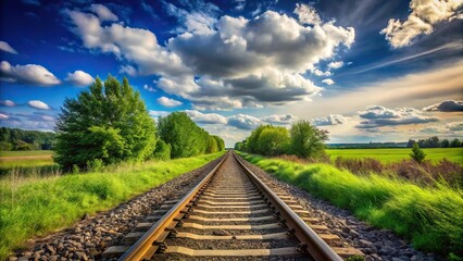 Fototapeta premium Scenic railway track through countryside with blue sky and clouds