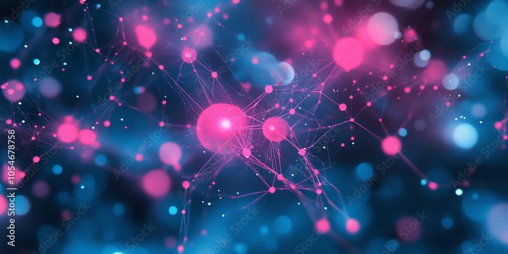 Poster abstract digital network with pink and blue glowing particles.