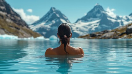 A woman is swimming in the lake, surrounded by snow-capped mountains and glaciers