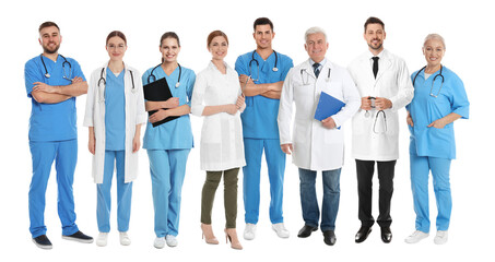 Different healthcare workers in uniforms on white background