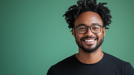 Fototapeta premium Portrait of a happy mixed race man with a black t-shirt and glasses