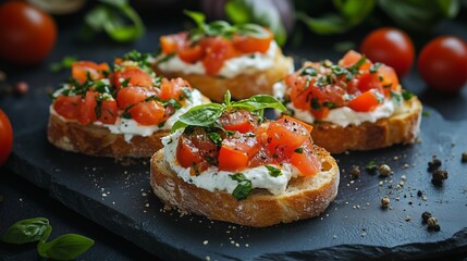 bruschetta with cream cheese and tomato, with fresh greenery on top, fresh baked bread slices, on dark background, with other tostineseen in the backgrounnd