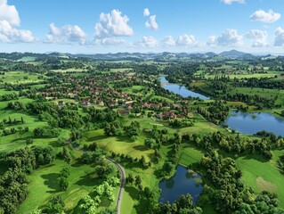 Aerial view of lush green countryside with serene lakes and charming village, under a bright blue sky with fluffy clouds.