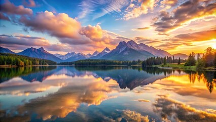 Fototapeta premium Scenic sunrise over mountains and lake with reflection in water
