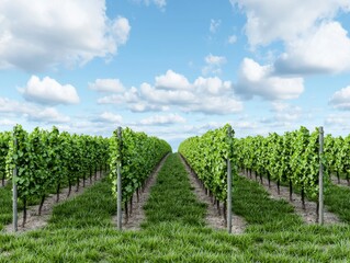 Naklejka premium Lush green vineyards under a bright blue sky with fluffy clouds, showcasing rows of grapevines in full bloom.