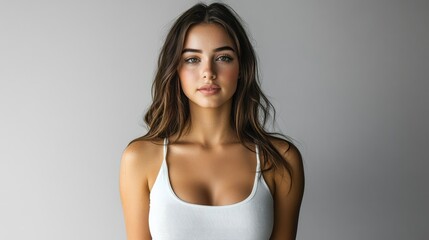 Fototapeta premium Beautiful woman in white T-shirt Female breast dark background