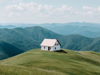 Obraz premium A charming white cottage sits atop a grassy hill, surrounded by lush green mountains under a serene sky.