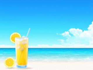 Refreshing lemonade drink with lemon slices, set against a bright blue ocean and sky background.