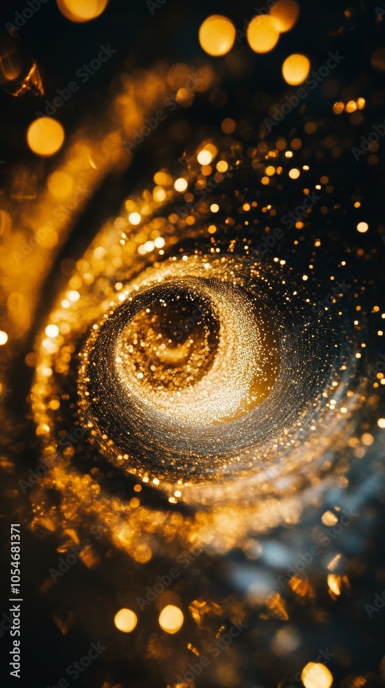 Poster Golden abstract spiral with bokeh lights, artistic background. Mystical and enchanting concept