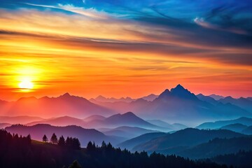 Scenic sunsets over mountains and vibrant sky