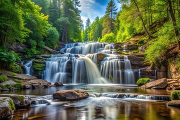 Obraz premium Scenic symmetrical forest waterfall with rocky river