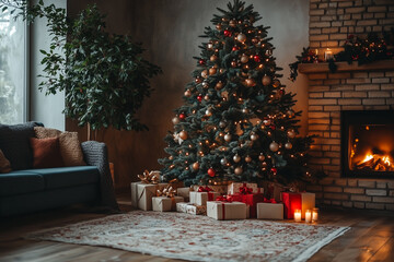 Christmas tree with many presents under it in a house with a lit fireplace.