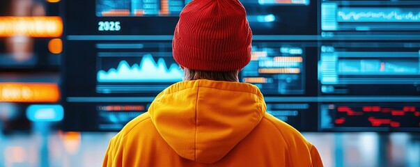 A person in a colorful hoodie and red beanie looks at data on digital screens, surrounded by graphs and statistics.