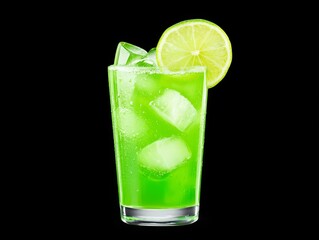 Refreshing green drink with ice and a slice of lime, perfect for a summer day.