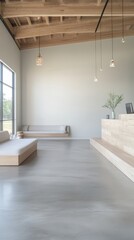 The reception area has a tan sofa