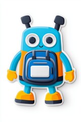 A cheerful blue cartoon robot character with big eyes and a backpack, designed for a playful and vibrant atmosphere.