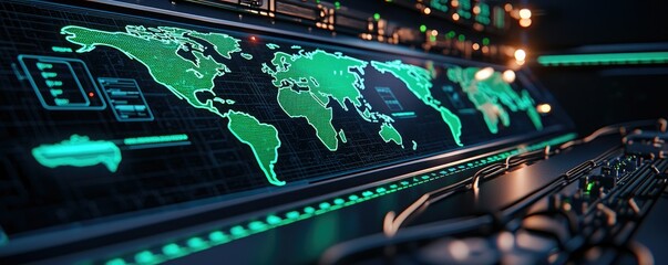 A futuristic digital map of the world, glowing in green, displayed on a control panel with various data readouts.
