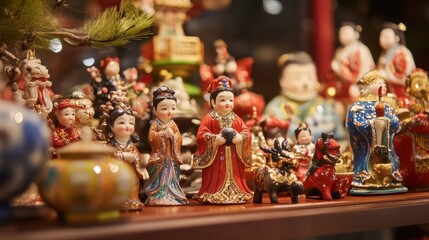 Fototapeta premium Artisan Chinese New Year presents such as hand-carved wooden figurines, traditional