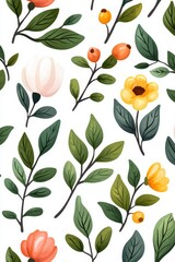 Vibrant floral pattern featuring a mix of blooming flowers and green leaves on a white background.