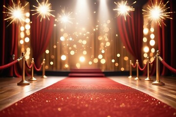 Red carpet at a VIP event with way over curtain background, entrance, and luxury decor, celebrating success and fame at a Hollywood gala