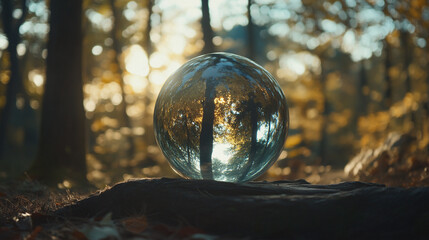 A crystal orb reflecting autumn colors in a serene forest during golden hour light