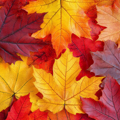 Close-up of vivid autumn maple leaf textures, vibrant reds, oranges, and yellows, with a clear, soft-focus copy space on one side, sharp details macro photography style, ideal for seasonal advertising