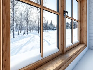 Fototapeta premium A serene winter view through a wooden frame window, showcasing snow-covered trees and peaceful landscapes.