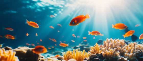 A vibrant underwater scene showing colorful fish swimming around coral reefs, illuminated by sunlight filtering through the water's surface.