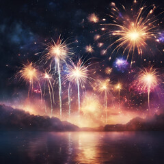
New Year Fireworks, background panorama, firework pyrotechnics and sparklers on dark black night sky texture., colorful, fireworks, beautiful, night sky, sparkle,