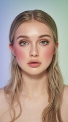 Naklejka premium Blonde Woman with Natural Makeup and Intense Gaze in Studio Portrait