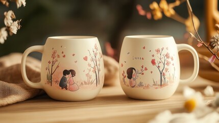 Fototapeta premium Custom-made Qixi Festival couples mugs with romantic illustrations and messages.