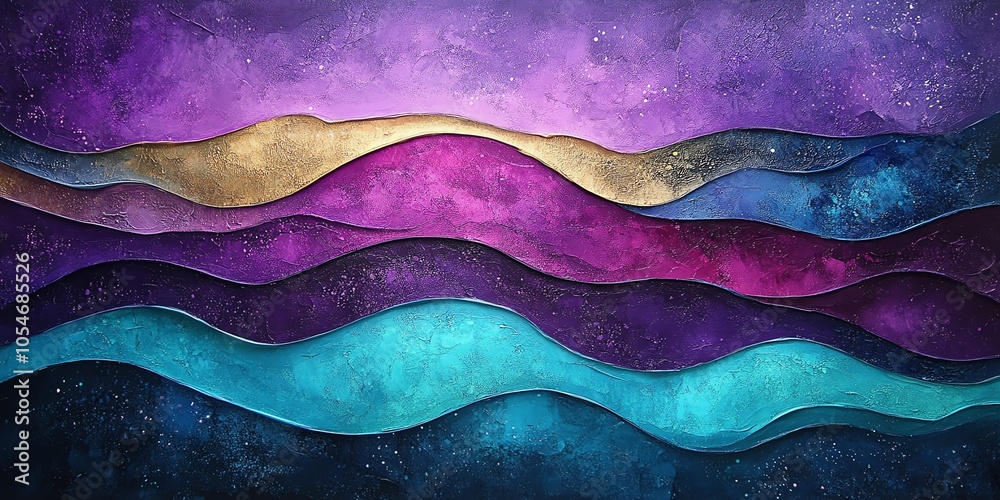 Poster Abstract layered wavy background in vibrant colors with a starry night sky pattern.