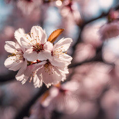 
Detail of cherry blossom tree in spring, golden light, cinematic, realisitc, detailed, real, contrast, clear.
