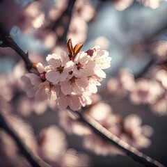 
Detail of cherry blossom tree in spring, golden light, cinematic, realisitc, detailed, real, contrast, clear.
