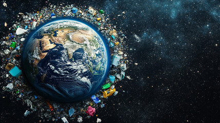 Earth surrounded by trash in space showcases pollution and environmental concerns from pollution