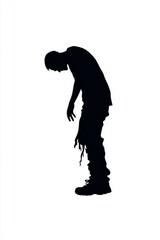 Fototapeta premium Silhouette of a male figure in casual attire, displaying a subdued posture against a stark white background.