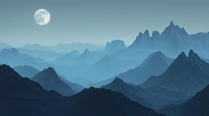 The rugged contours of a mountain range are bathed in the soft, ethereal light of a full moon, casting an otherworldly glow on the landscape. Rugged Mountain Range. Illustration