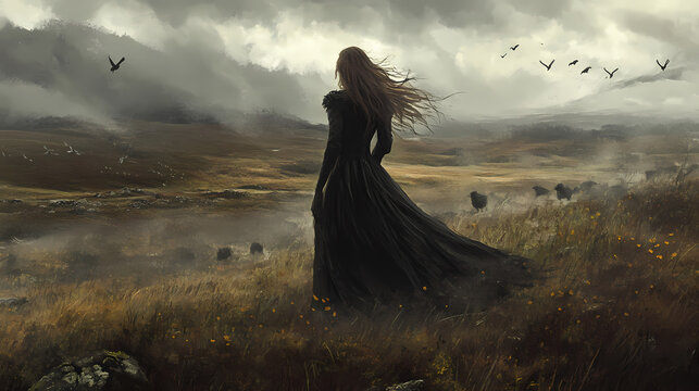 The morrigan celtic goddess if war fate and death as a beautiful pale woman in a black dress in misty moorland. Misty Moorlands. Illustration